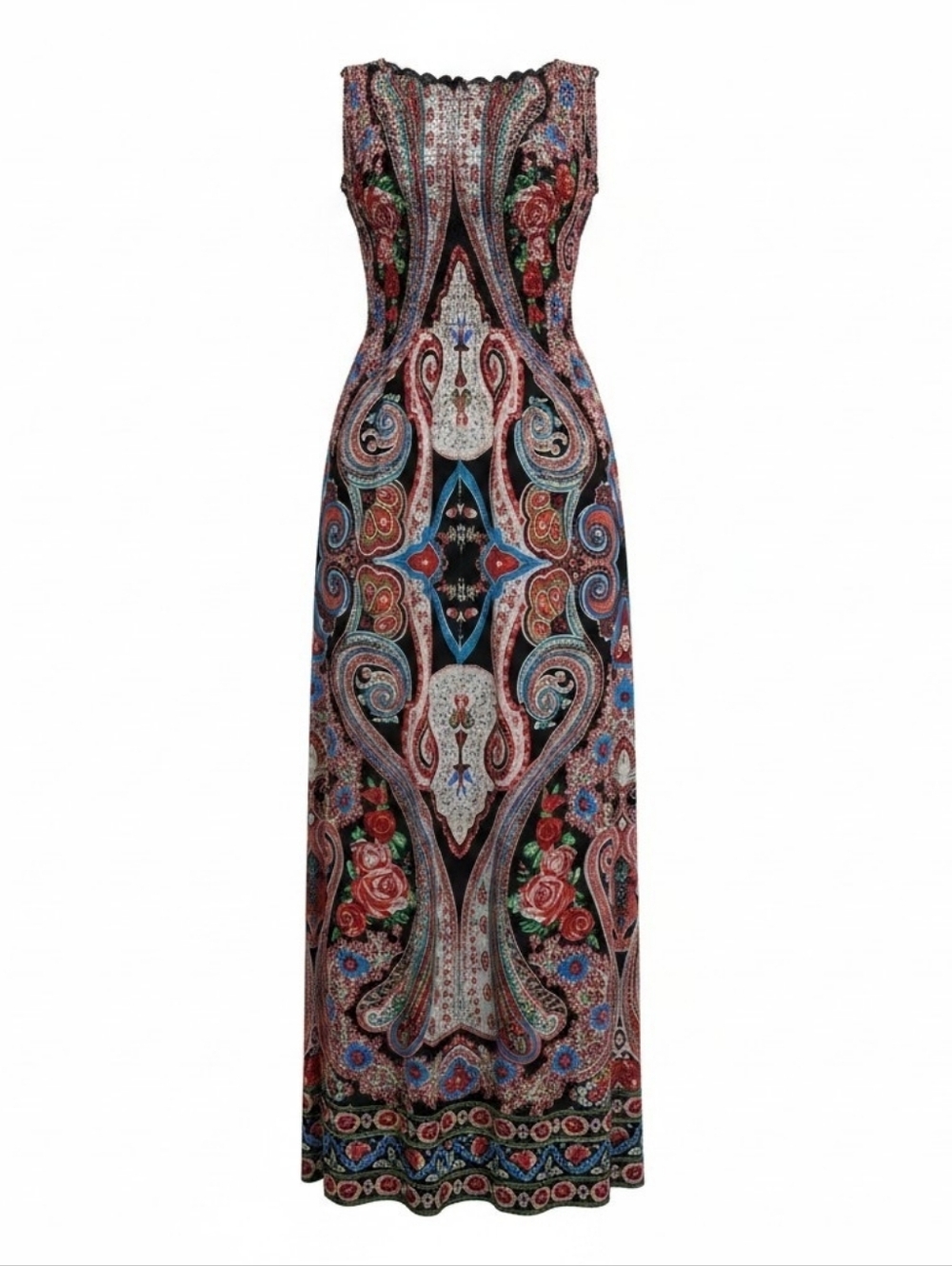 Couture strapless Paisley & Floral Maxi Dress in Black, Red, Blue, Green